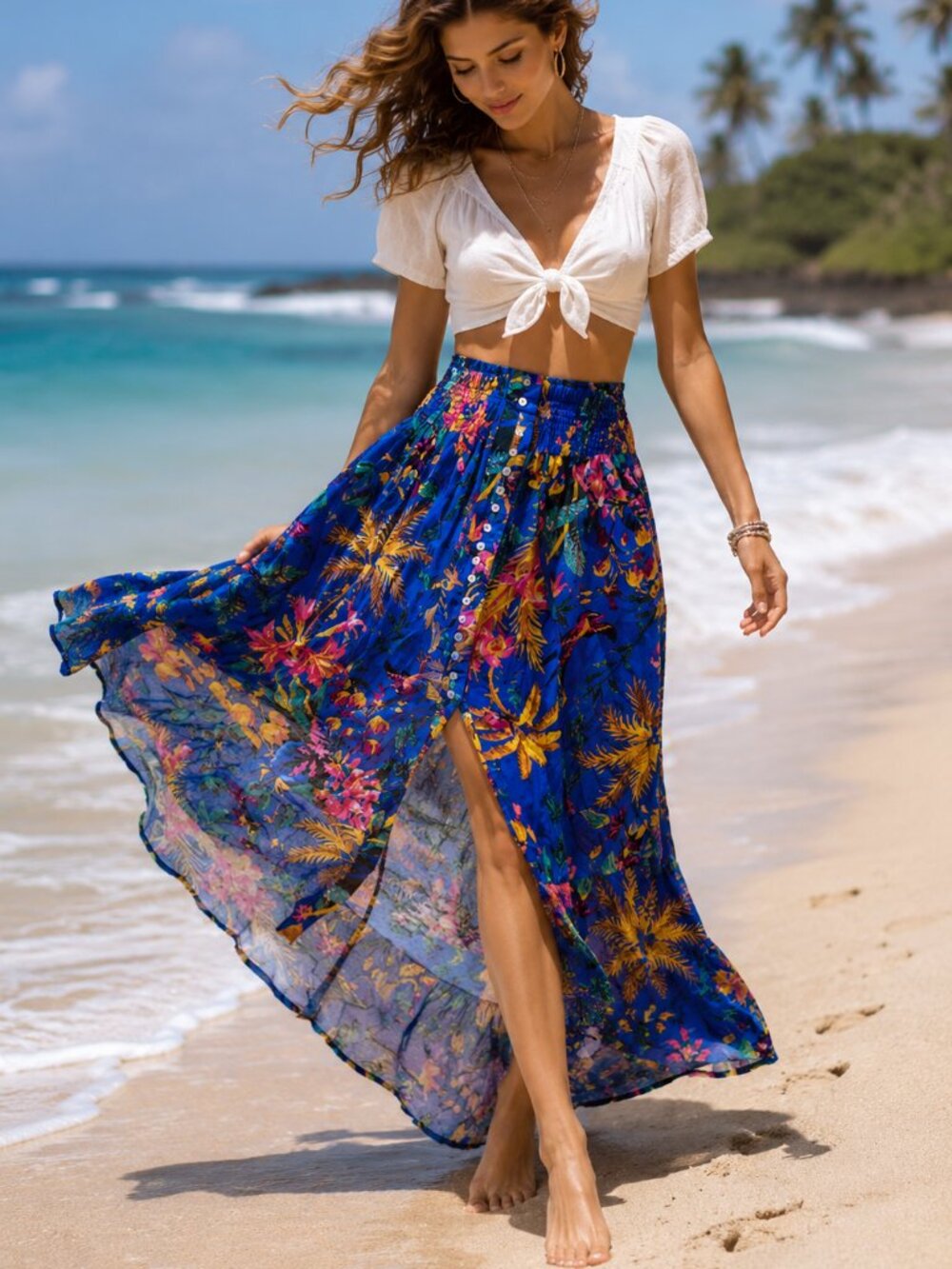 Rachel Roy Tropical Print High-Low Maxi Skirt Button Front Resort Beach Skirt